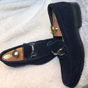 Navy blue suede loafers - silver buckle detail